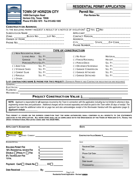 First page of the Residential Permit Application
