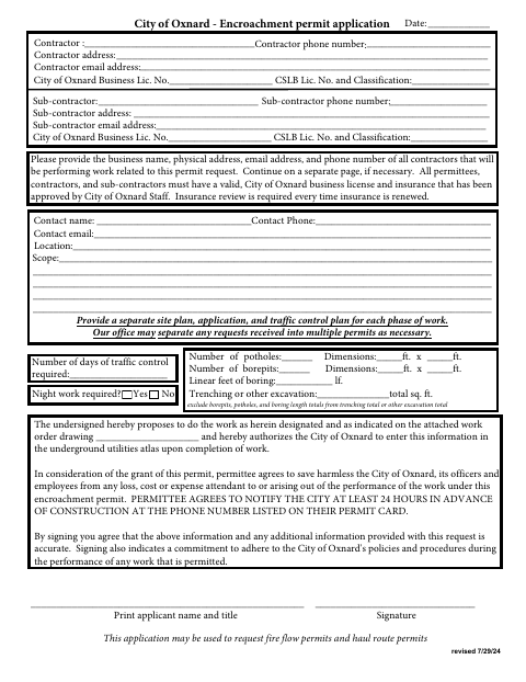 First page of the Encroachment / Fire Flow / Haul Route Application