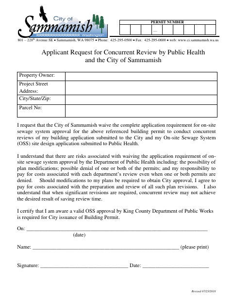 First page of the Applicant Request for Concurrent Review by Public Health and the City of Sammamish