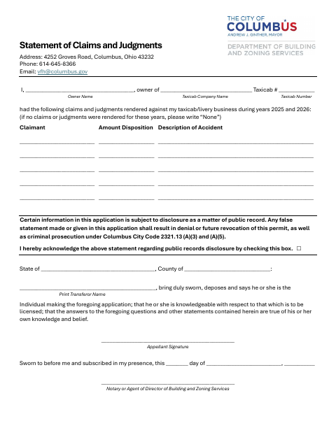 First page of the Statement of Claims and Judgments