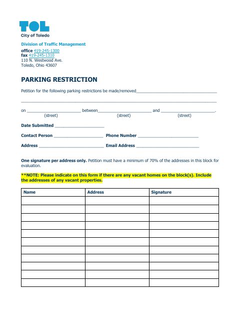 First page of the Parking Restriction Petition