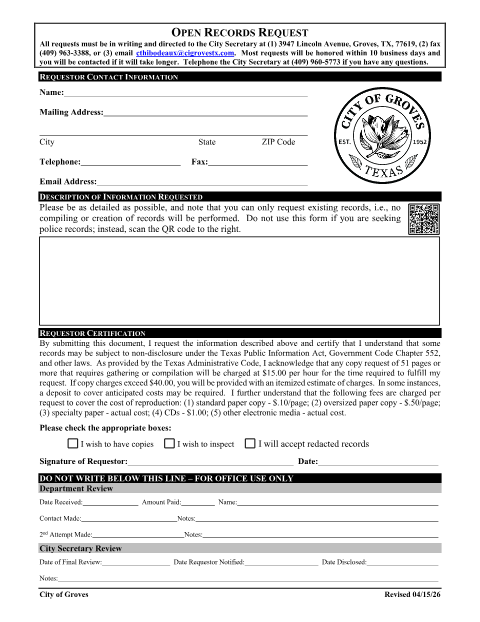 First page of the Open Records Request Form