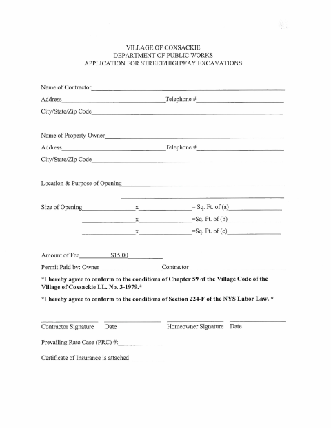 First page of the Street/Highway Excavation Permit Application