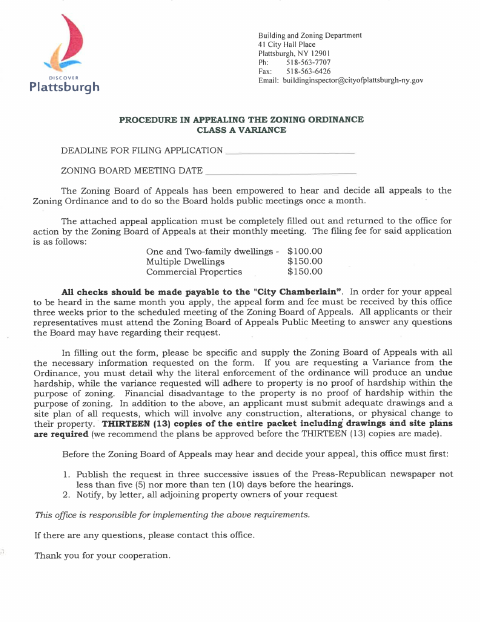 First page of the Class A Variance Application