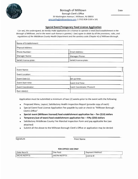 First page of the Special Event / Temporary Food License Application