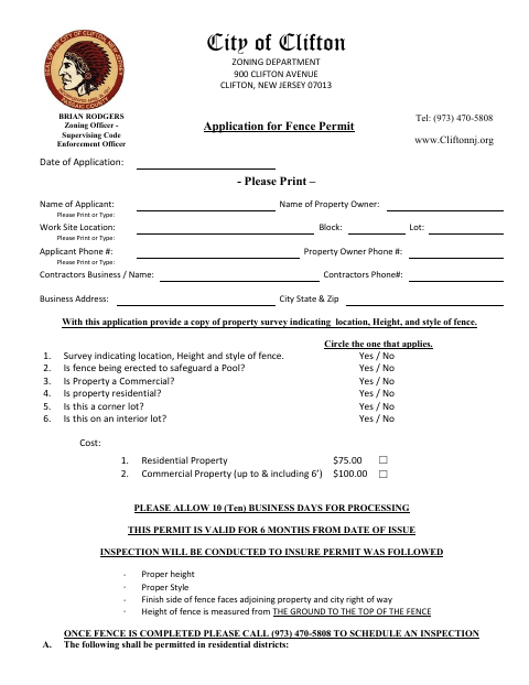 First page of the Application for Fence Permit