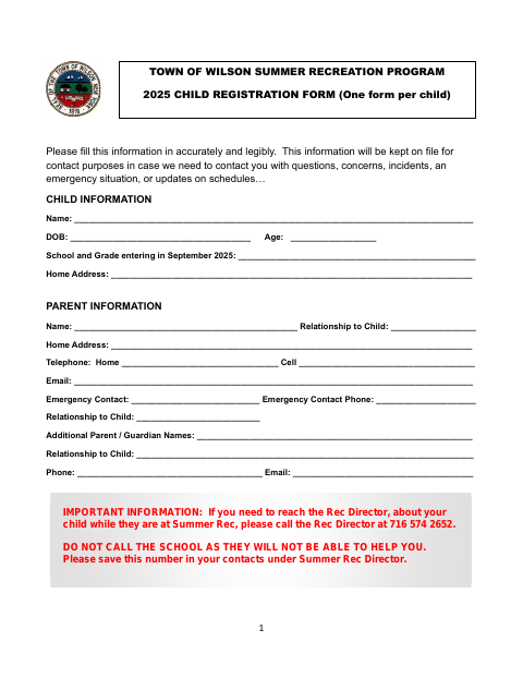 First page of the Summer Recreation Child Registration Form