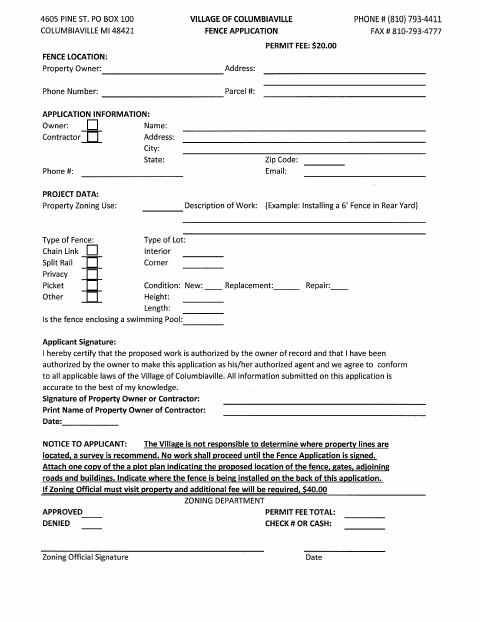 First page of the Fence Application