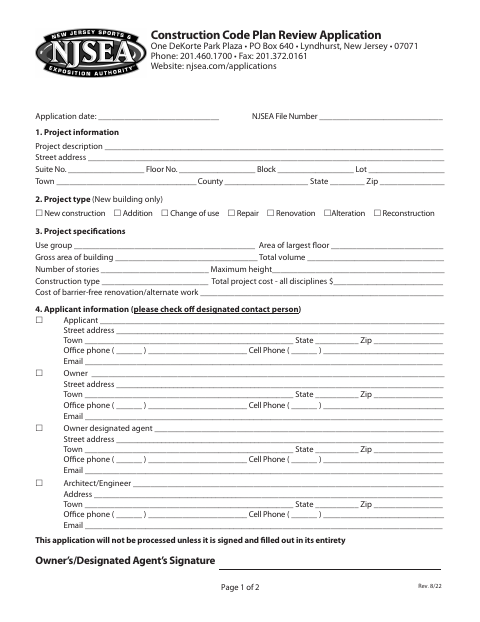 First page of the Construction Code Plan Review Application