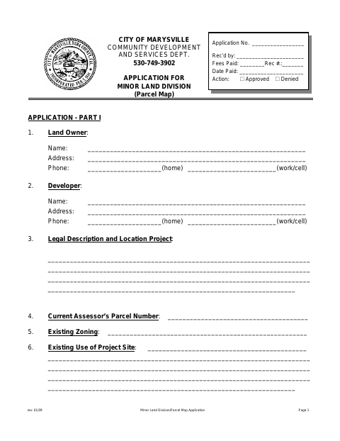 First page of the Minor Land Division (Parcel Map) Application