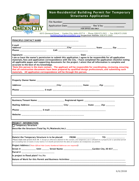 First page of the Non-Residential Temporary Structure Building Permit Application