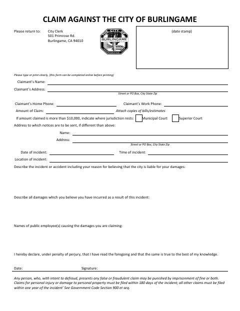 First page of the Claim Against the City