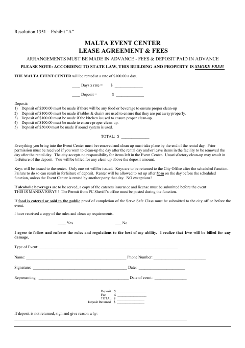 First page of the Malta Event Center Lease Agreement and Fees Arrangements