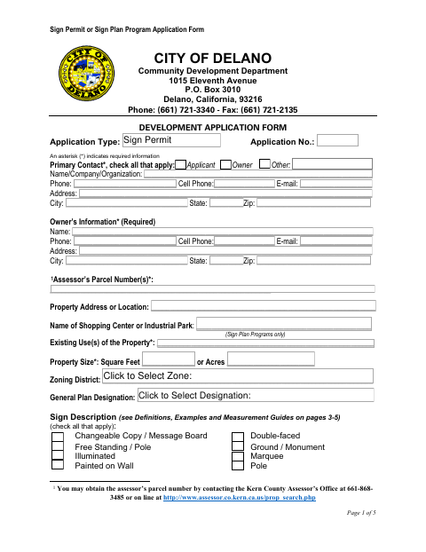 First page of the Sign Permit or Sign Plan Program Application Form