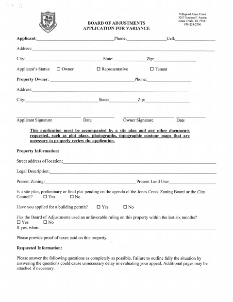 First page of the Application for a Variance