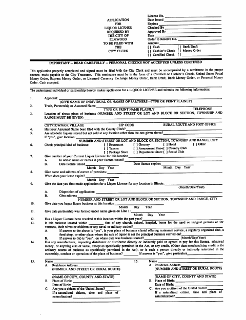 First page of the Liquor License Application