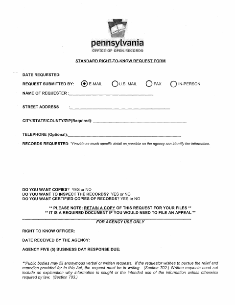 First page of the Standard Right-to-Know Request Form