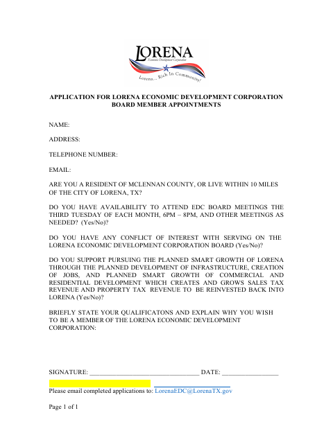 First page of the Economic Development Corporation Board Member Appointment Application