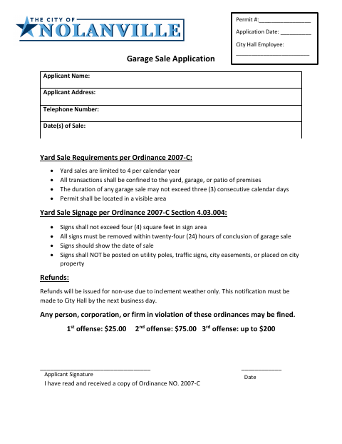 First page of the Garage Sale Application
