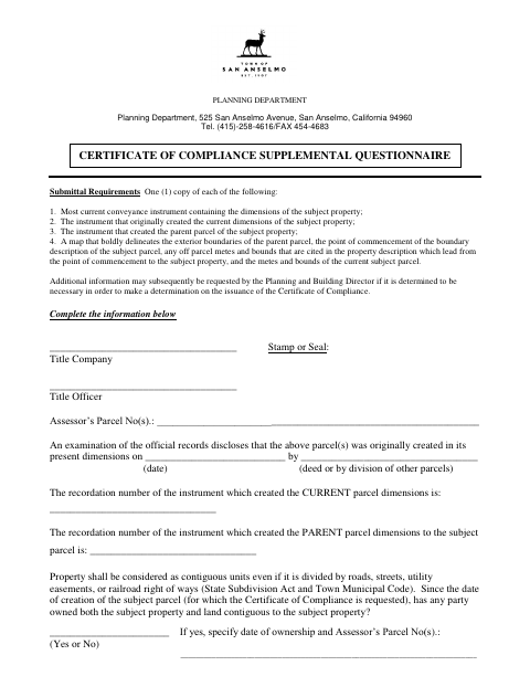 First page of the Certificate of Compliance Supplemental Questionnaire