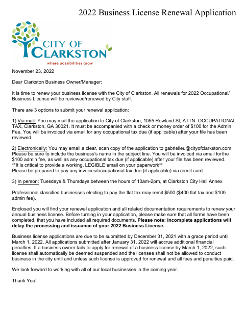 First page of the Business License Renewal Application