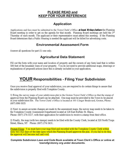 First page of the Minor Subdivision Application