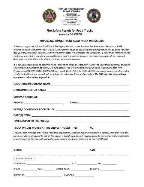 First page of the Fire Safety Permit for Food Trucks