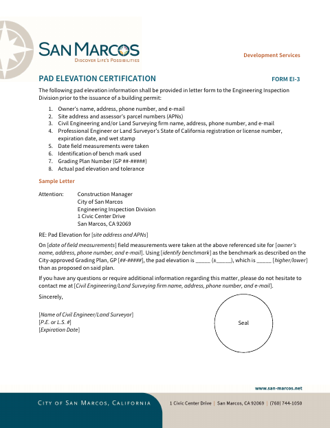First page of the Pad Elevation Certification Form EI-3