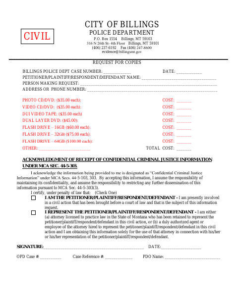 First page of the Request for Copies