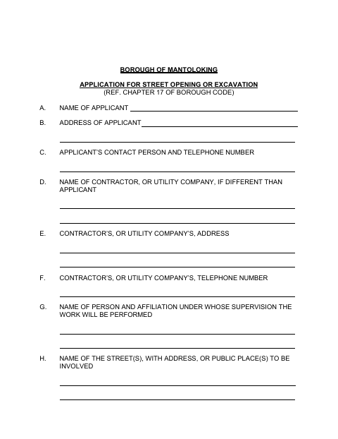 First page of the Application for Street Opening or Excavation