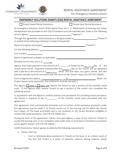 First page of the ESG Rental Assistance Agreement
