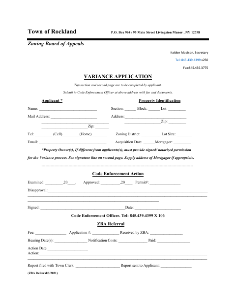 First page of the Zoning Variance Application