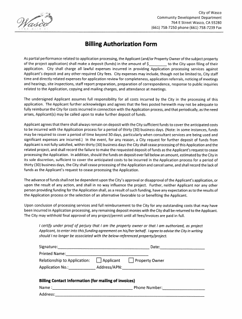 First page of the Billing Authorization Form