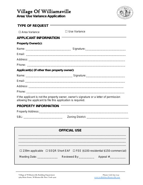 First page of the Area/Use Variance Application