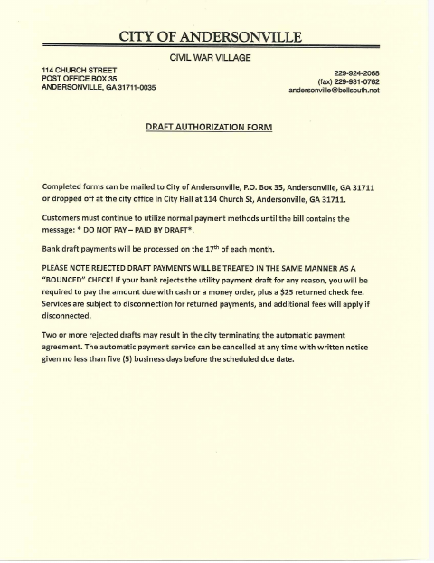 First page of the Bank Draft Payment Authorization