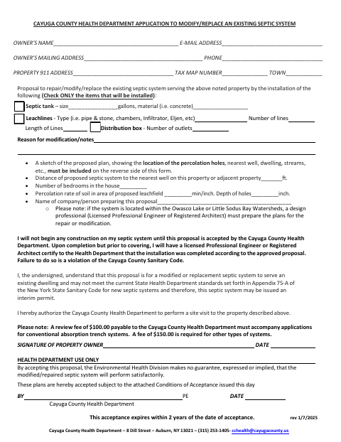 First page of the Application to Modify or Replace an Existing Septic System
