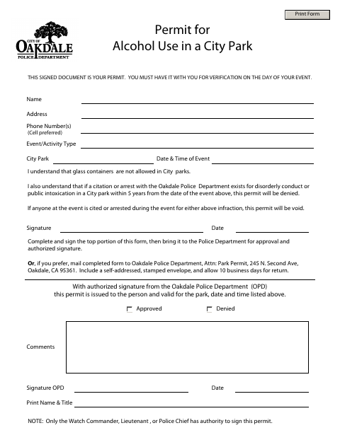 First page of the Permit for Alcohol Use in a City Park