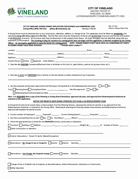 First page of the Zoning Permit Application for Business and Commercial Uses