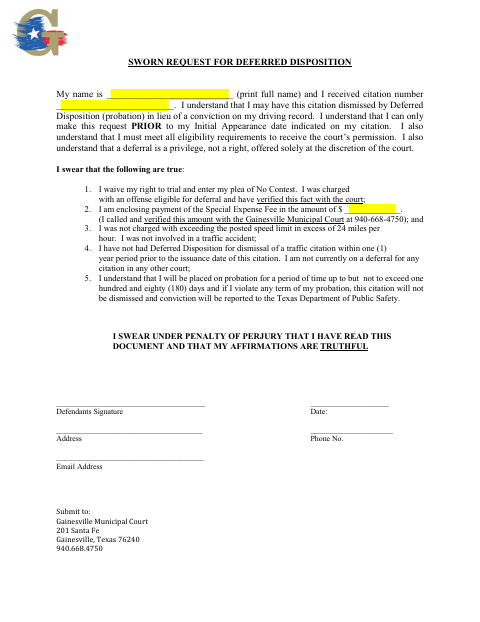 First page of the Sworn Request for Deferred Disposition