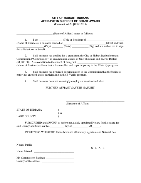 First page of the Affidavit in Support of Grant Award
