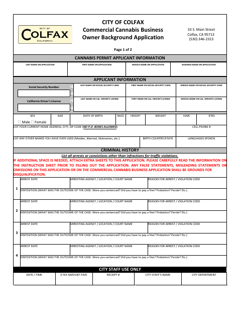 First page of the Commercial Cannabis Business Owner Background Application