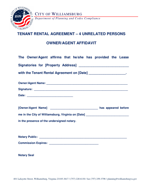 First page of the Tenant Rental Agreement – 4 Unrelated Persons Owner/Agent Affidavit