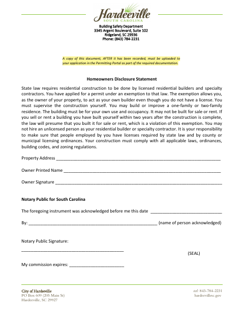 First page of the Homeowner Disclosure Statement