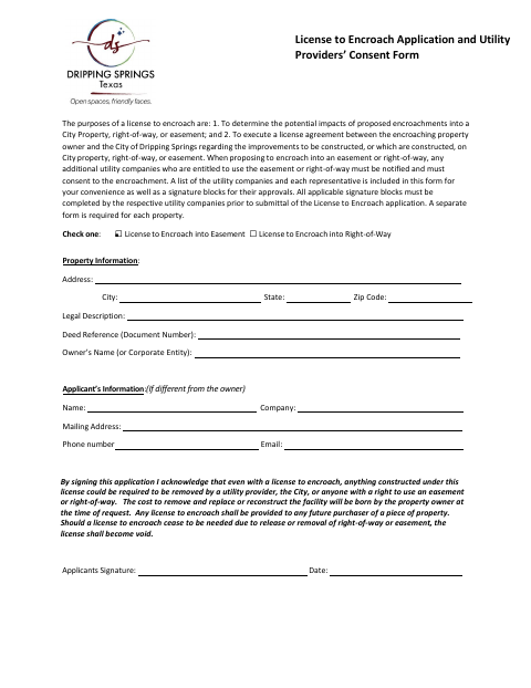 First page of the License to Encroach Application and Utility Providers’ Consent Form
