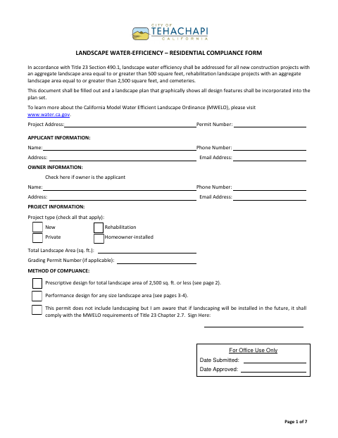 First page of the Landscape Water-Efficiency – Residential Compliance Form