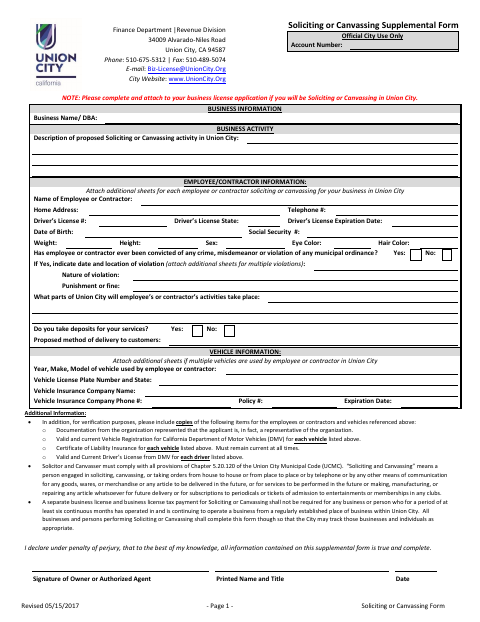 First page of the Soliciting or Canvassing Supplemental Form