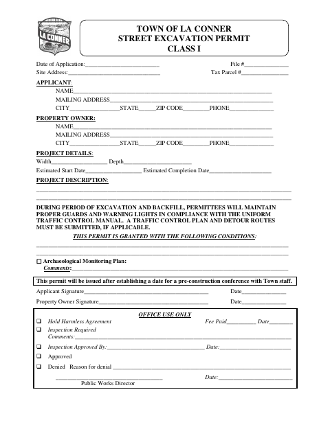 First page of the Street Excavation Permit Class I