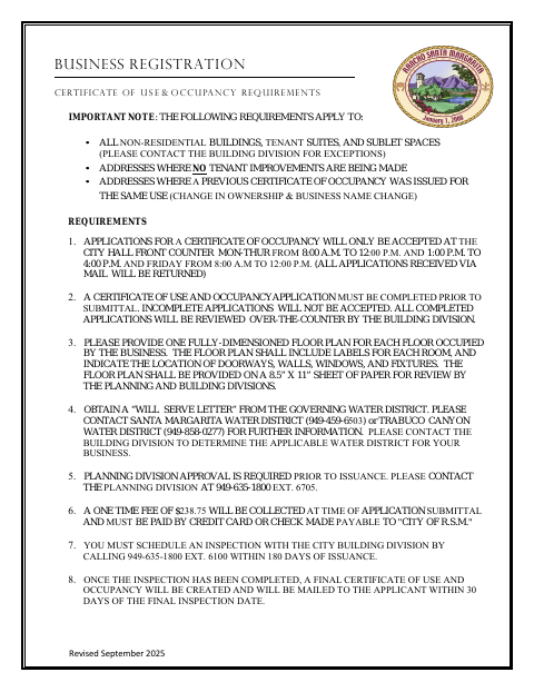 First page of the Business Registration and Certificate of Use and Occupancy Packet