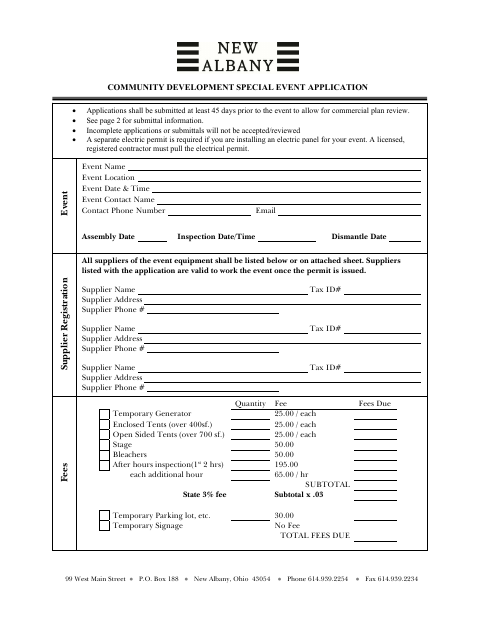 First page of the Community Development Special Event Application