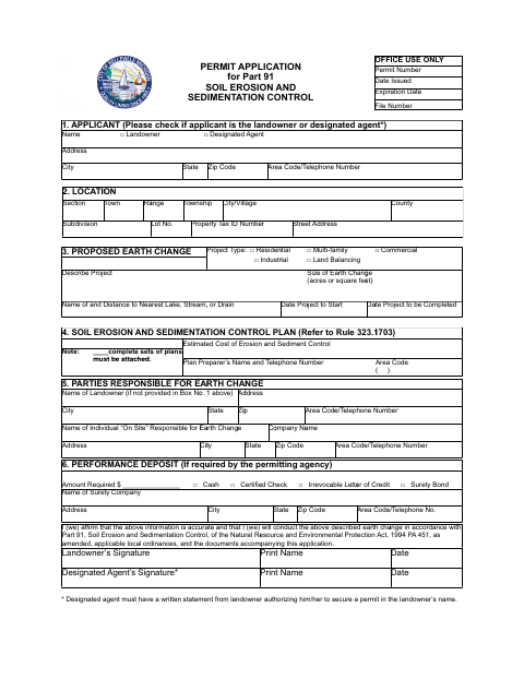 First page of the Part 91 Soil Erosion and Sedimentation Control Permit Application